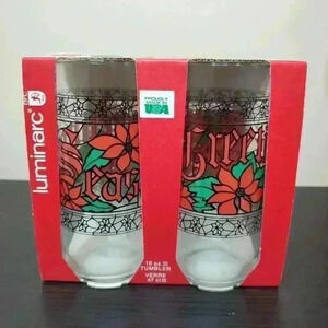 Vintage Christmas Luminarc Seasons Greetings 1992 Glass Tumblers 16oz - NOS